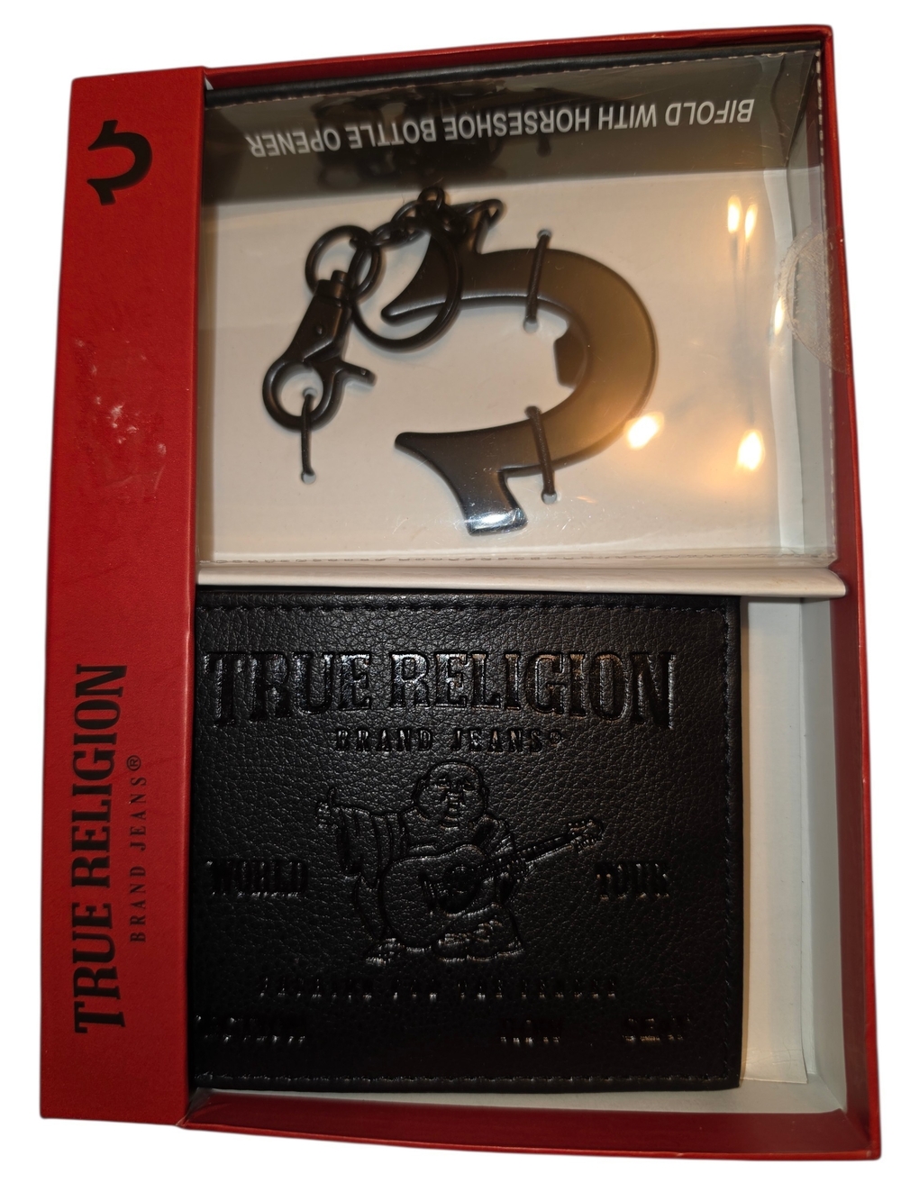 True Religion Black Leather Wallet and Metal Keyring - NIB